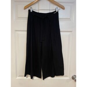 Betsey Johnson Black Ribbed Crop Tie Front Culottes Pants Gauchos Wide Leg Loose
